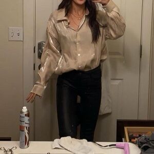 SHEIN Shiny Beige Satin Button-Down Blouse